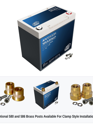 XS Power XV5100R 12V lithium starting powercell with optional 580 and 586 brass post adaptors for clamp style installations