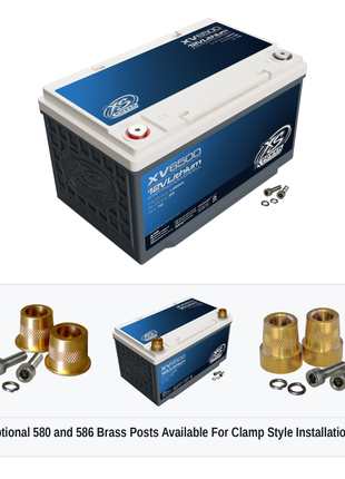 XS Power XV6500 12V lithium starting powercell with optional 580 and 586 brass post adaptors for clamp style installations