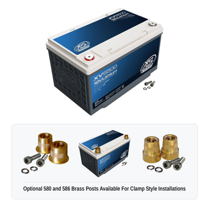 XS Power XV6500 12V lithium starting powercell with optional 580 and 586 brass post adaptors for clamp style installations
