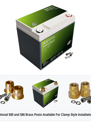 XS Power XV975 12V lithium starting powercell with optional 580 and 586 brass post adaptors for clamp style installations