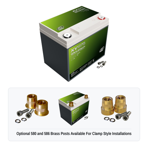 XS Power XV975 12V lithium starting powercell with optional 580 and 586 brass post adaptors for clamp style installations
