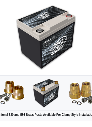 XS Power xMAX 22 lithium iron phosphate battery with optional 580 and 586 brass post adaptors for clamp style installations