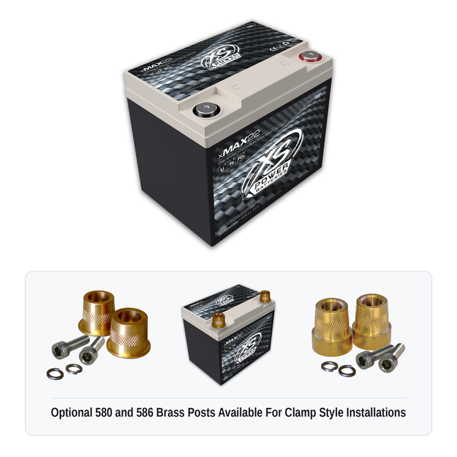 XS Power xMAX 22 lithium iron phosphate battery with optional 580 and 586 brass post adaptors for clamp style installations