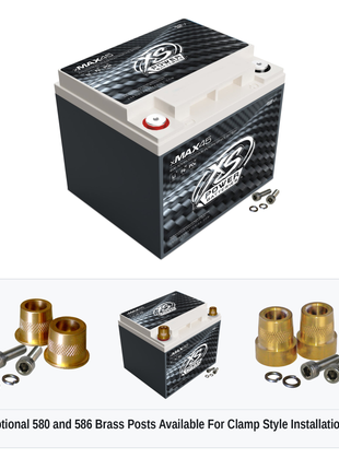 XS Power xMAX 45 lithium iron phosphate battery with optional 580 and 586 brass post adaptors for clamp style installations