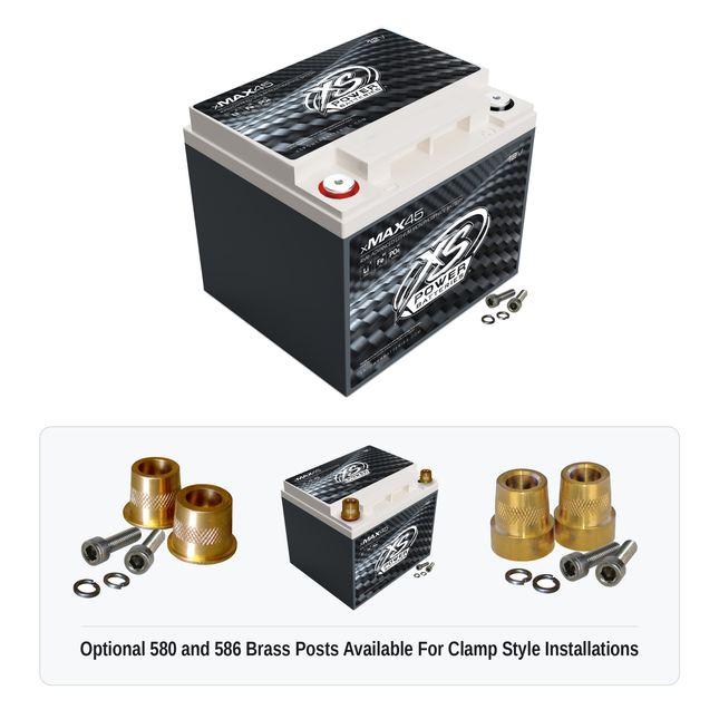 XS Power xMAX 45 lithium iron phosphate battery with optional 580 and 586 brass post adaptors for clamp style installations