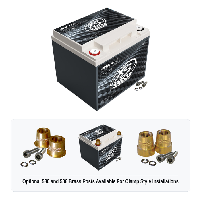 XS Power xMAX 45 lithium iron phosphate battery with optional 580 and 586 brass post adaptors for clamp style installations