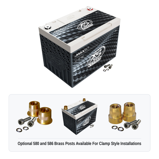 XS Power xMAX 67 lithium iron phosphate battery with optional 580 and 586 brass post adaptors for clamp style installations