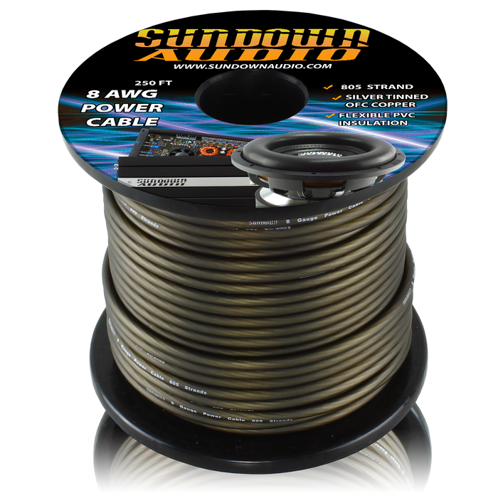 Sundown Audio 8 Gauge BLACK 250' Tinned OFC Oxygen Free Copper Power/Ground Cable/Wire