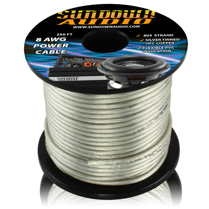 Sundown Audio 8 Gauge SILVER 250' Tinned OFC Oxygen Free Copper Power/Ground Cable/Wire