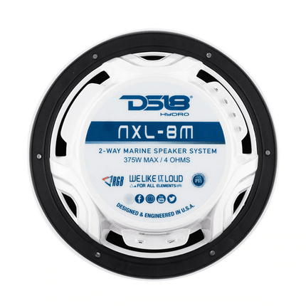 DS18 Hydro NXL-8M/WH 8" 375 Watt WHITE 2-Way Marine Speakers with Integrated RGB LED - Showtime Electronics