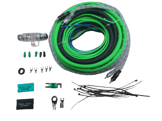 Full Tilt 4 Gauge AWG Lime Green/Black Amplifier/Amp Wire Kit - Showtime Electronics