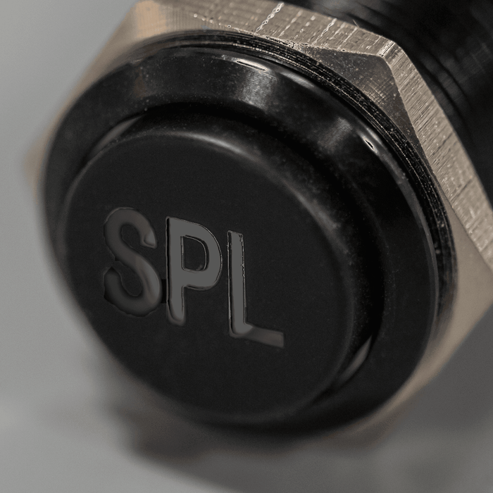 Sparked Innovations SPL Black Latching 12V Pushbutton Switch SPDT – Plain Font - Showtime Electronics